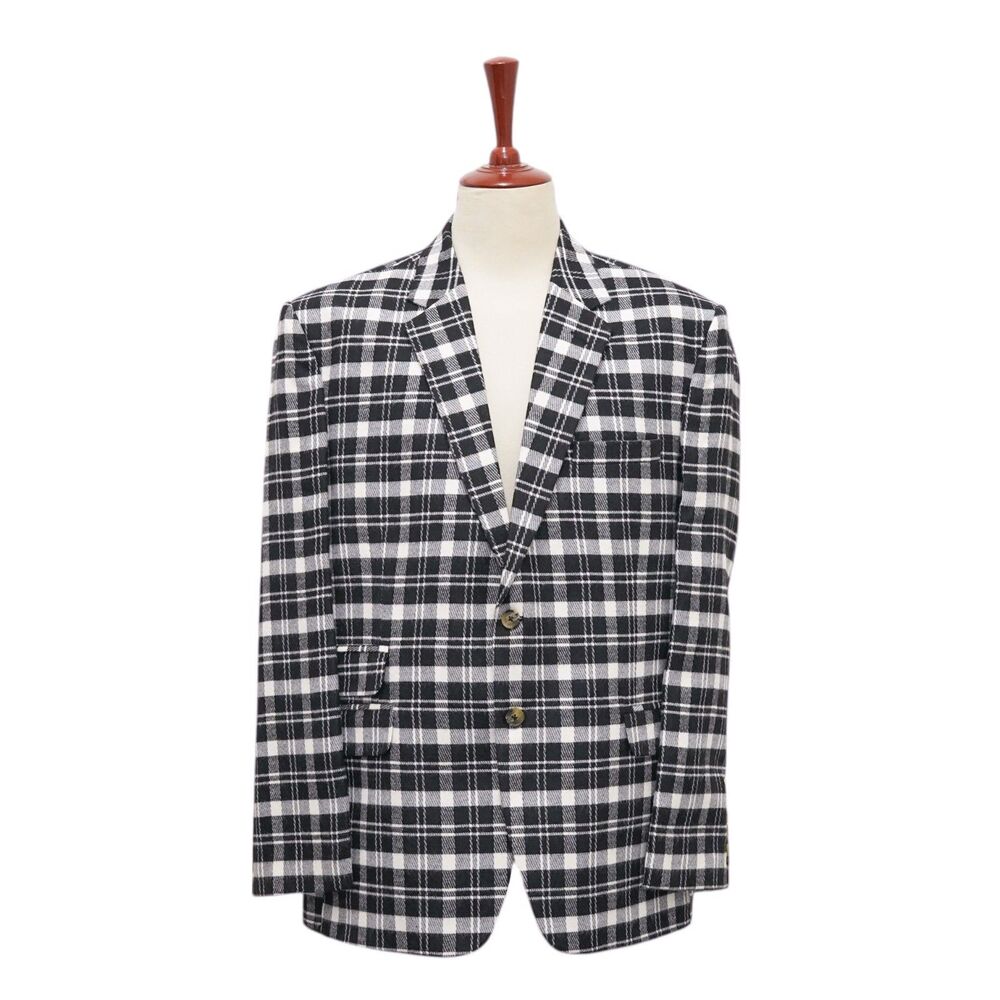 Mens 48R Black White Plaid Wool Blazer Check Sport Coat Jacket